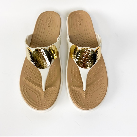 CROCS Shoes - Crocs White Sanrah Embossed Wedge Tong Sandals